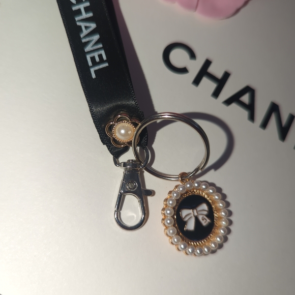 CHANEL Authentic Black Ribbon Upcycled Keychain with Pearl Medallion - Picture 2 of 3
